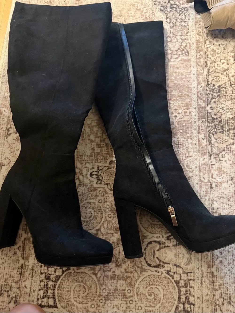 Classic Black Suede Knee-High Heeled Boots